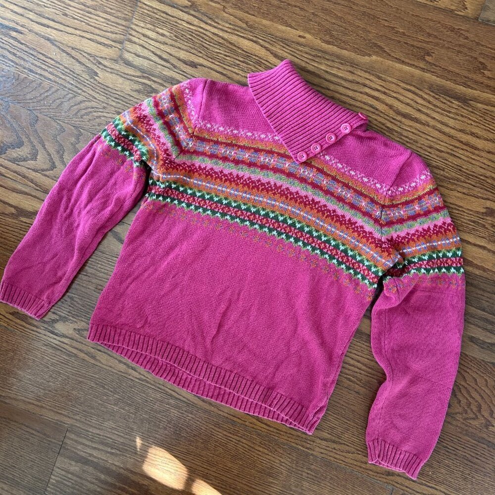 Vintage 90s Tiara Pink Fair Isle Turtleneck Sweater Button Collar Size Medium - Picture 5 of 10